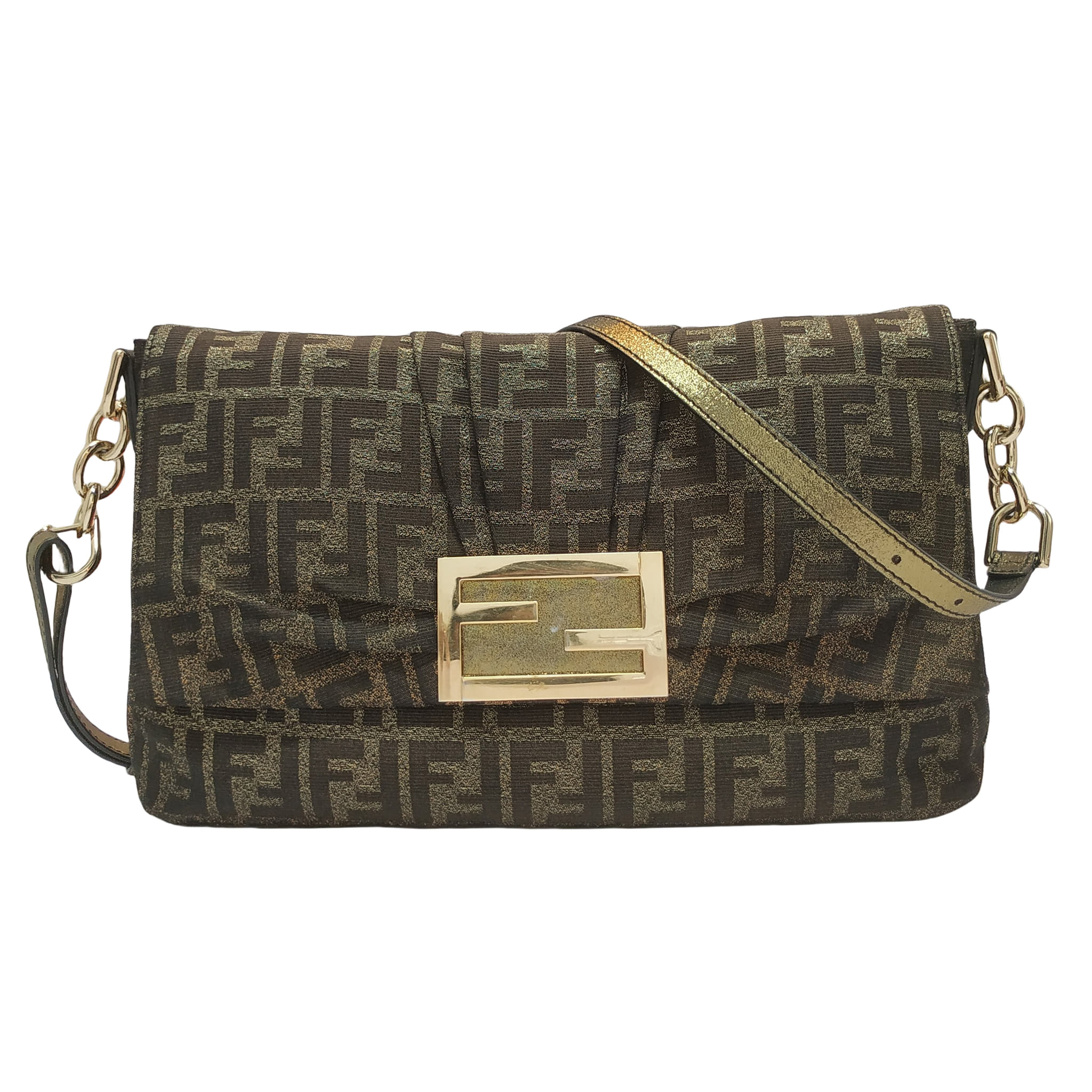 Fendi Metallic Gold/Silver Canvas Glitter Jacquard Mia Zucca Flap Bag