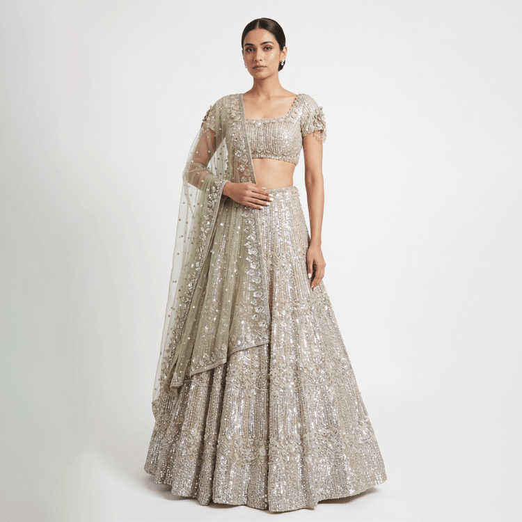 Seema Gujral Beige Organza Embellished Sequins One Lehenga And Draped Blouse Set-Hover-Image