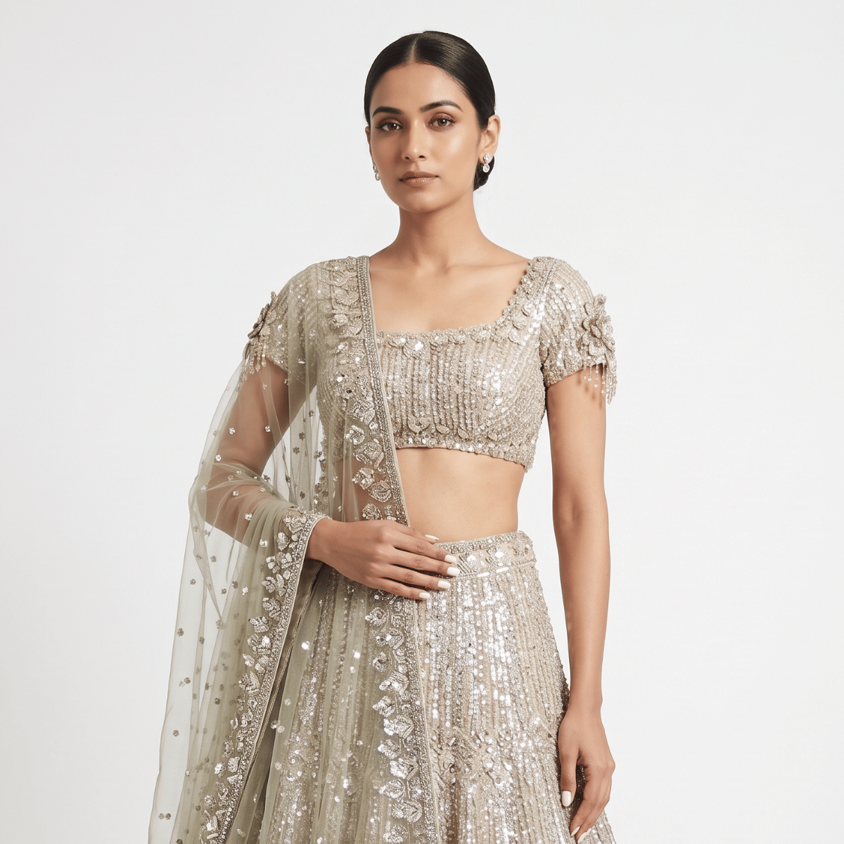 Seema Gujral Beige Organza Embellished Sequins One Lehenga And Draped Blouse Set