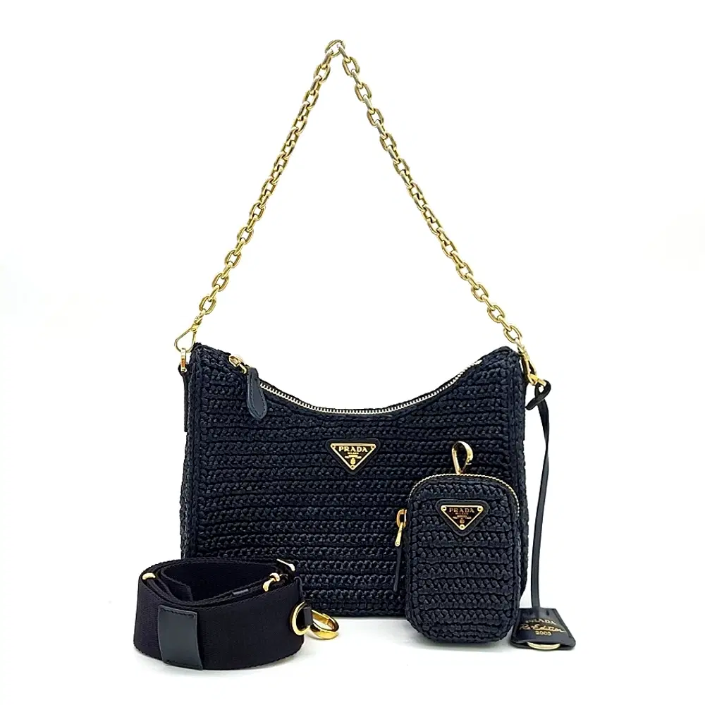 Prada Raffia Chain Strap Hobo Bag