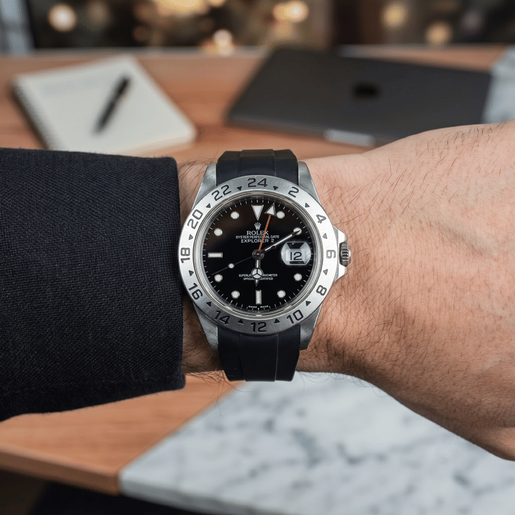 Rolex Explorer II 40 MM Black Dial Steel Black Strap Watch-Hover-Image