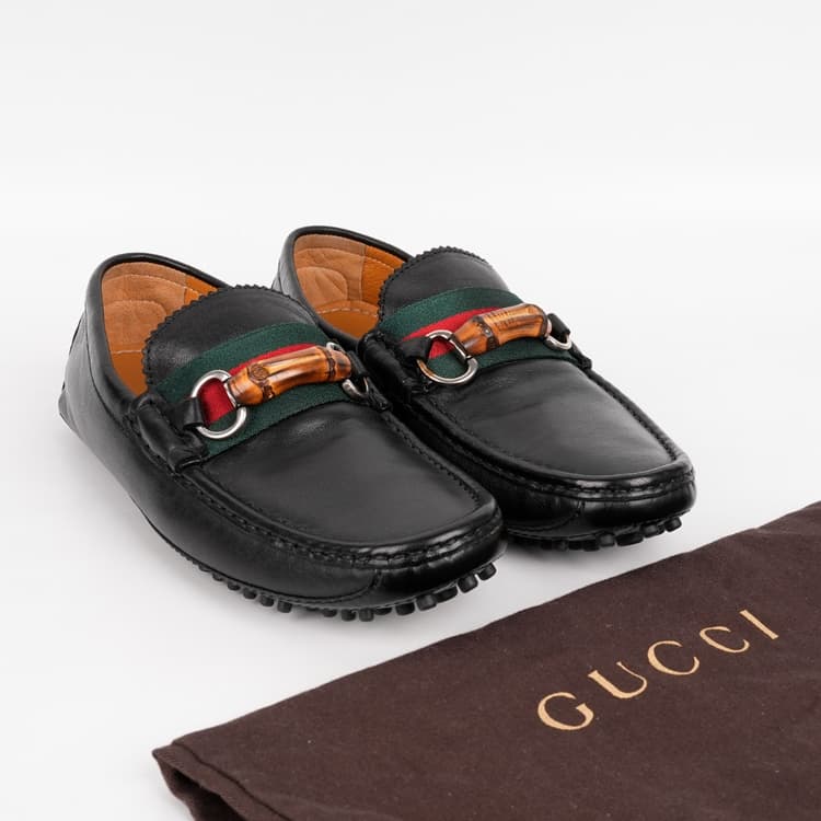 Size 6 - Gucci Black Leather Web Bamboo Horsebit Loafer-Hover-Image