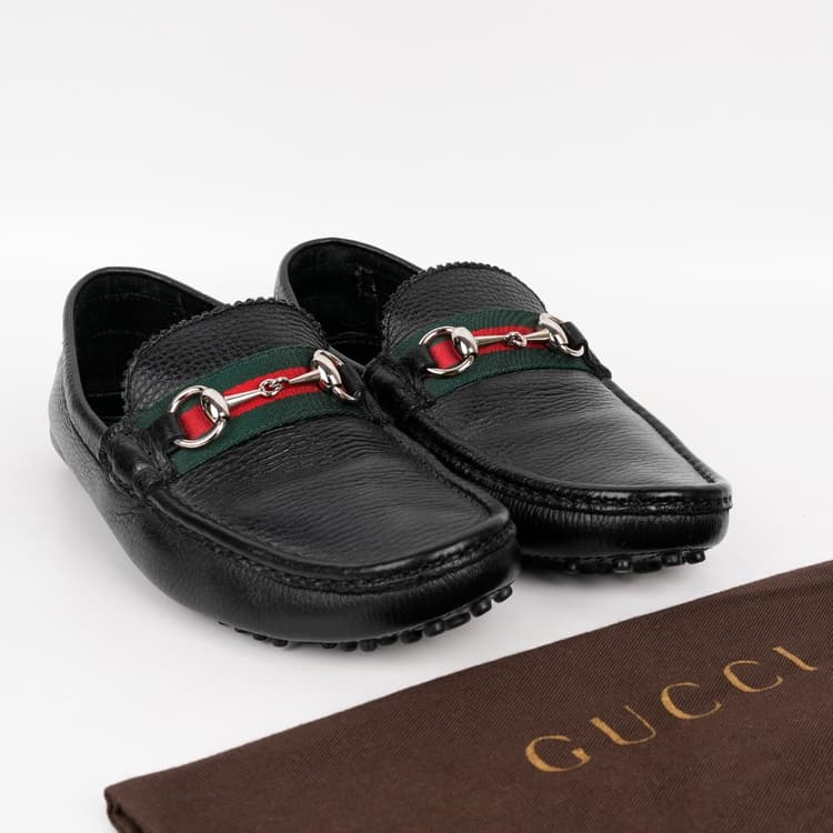 Size 6.5 - Gucci Black Leather Horsebit Web Loafers-Hover-Image
