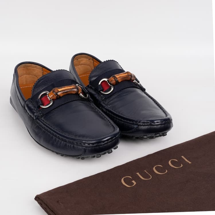 Size 6 - Gucci Navy Leather Web Bamboo Horsebit Loafer-Hover-Image