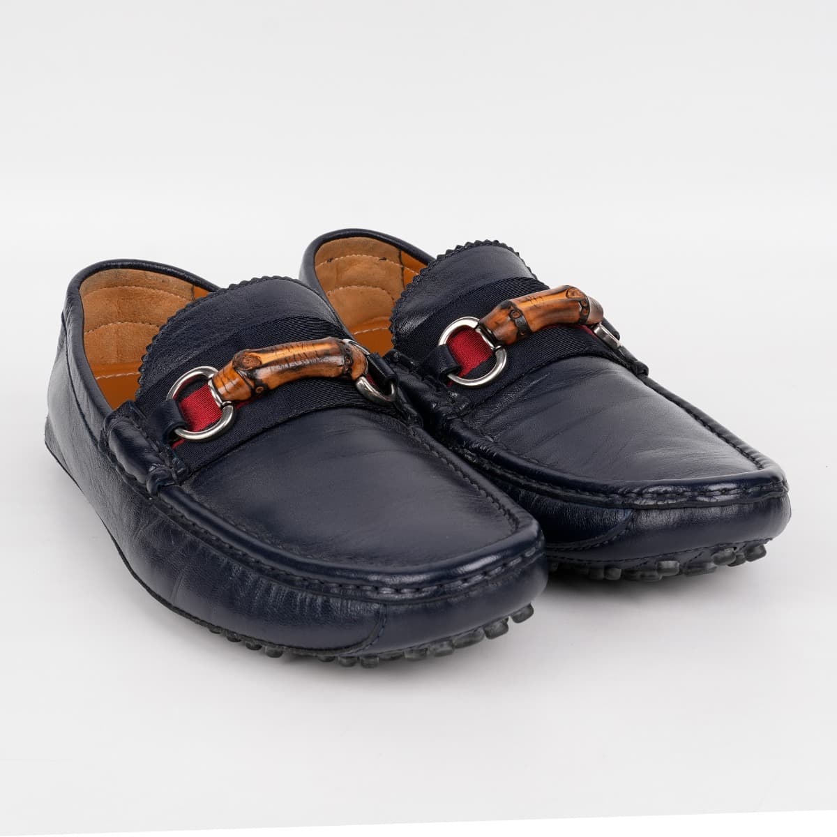 Size 6 - Gucci Navy Leather Web Bamboo Horsebit Loafer