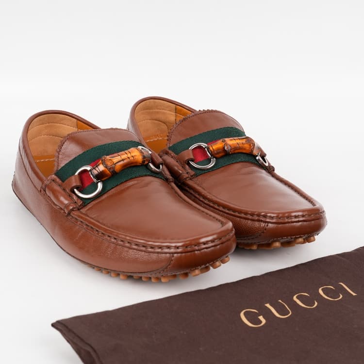 Size 6 - Gucci Tan Brown Leather Web Bamboo Horsebit Loafer-Hover-Image