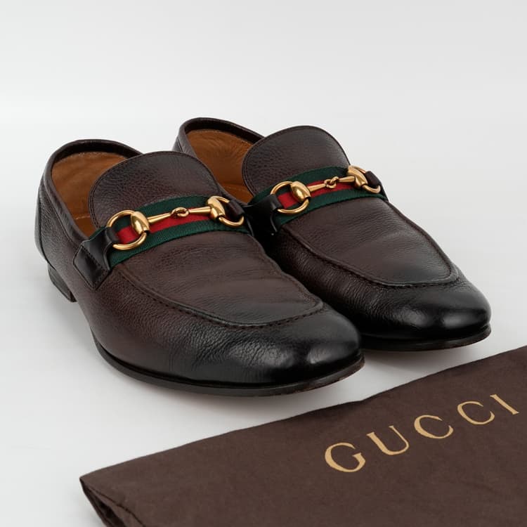 Size 5.5 - Gucci Web Brown Leather Horsebit Loafers-Hover-Image