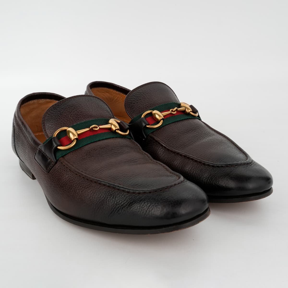 Size 5.5 - Gucci Web Brown Leather Horsebit Loafers