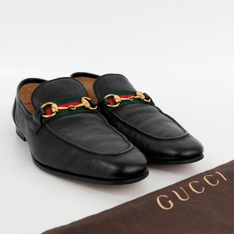Size 5.5 - Gucci Web Black Leather Horsebit Loafers-Hover-Image