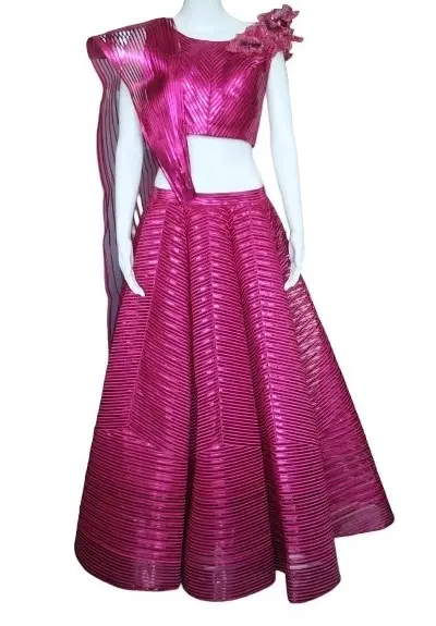 Amit Aggarwal Fuschia Metallic Polymer Lehenga Set-Hover-Image