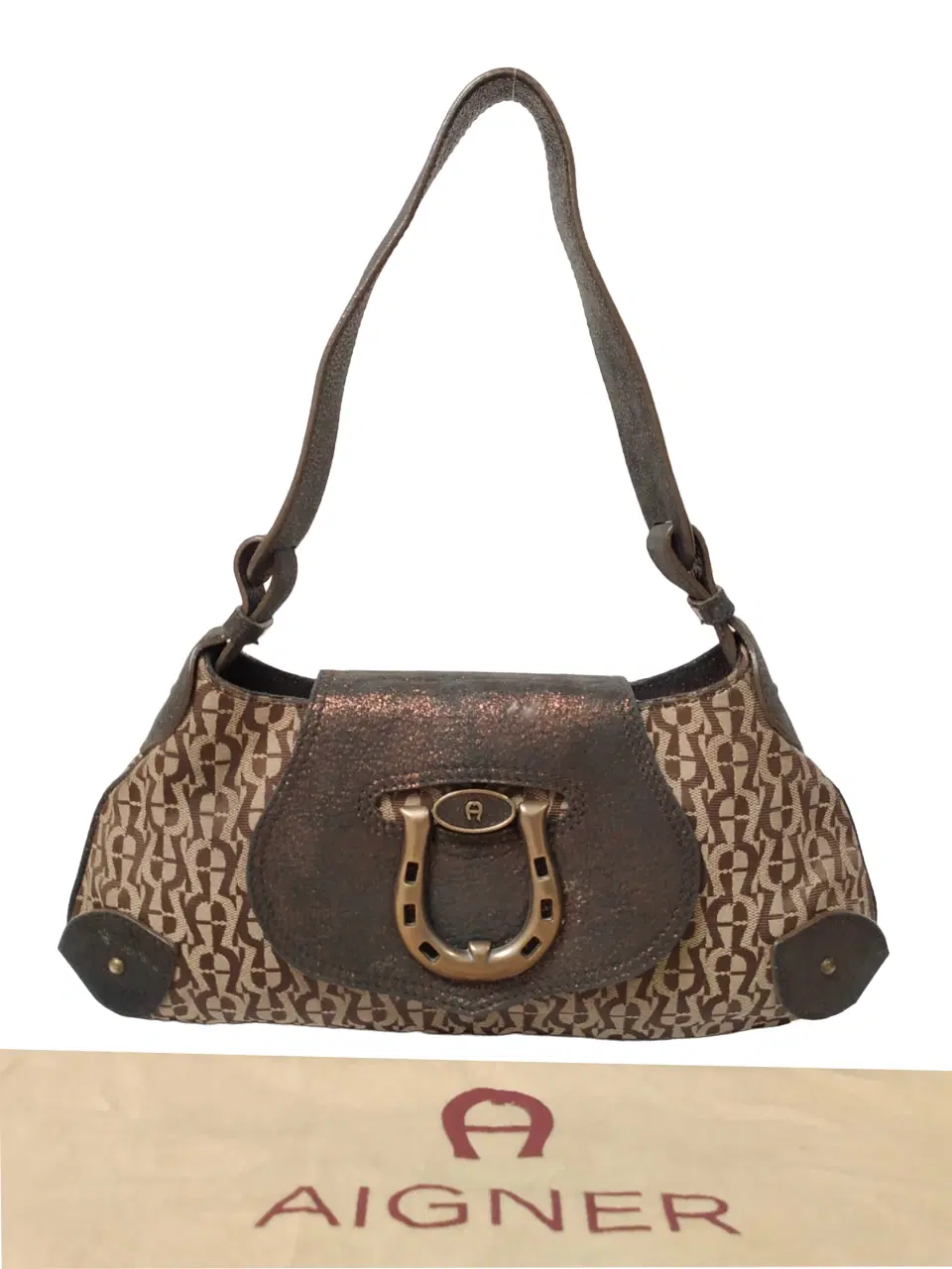 Aigner Brown Logo Leather Buckle Flap Shoulder Bag