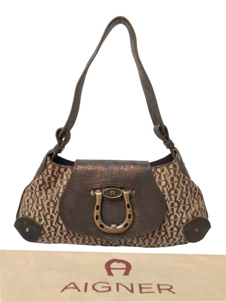 Aigner Brown Logo Leather Buckle Flap Shoulder Bag-Hover-Image