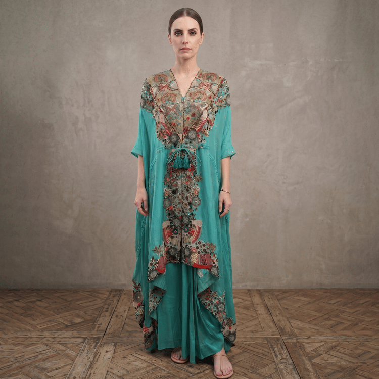 Anamika Khanna Blue Floral Embellished Cape Set-Hover-Image