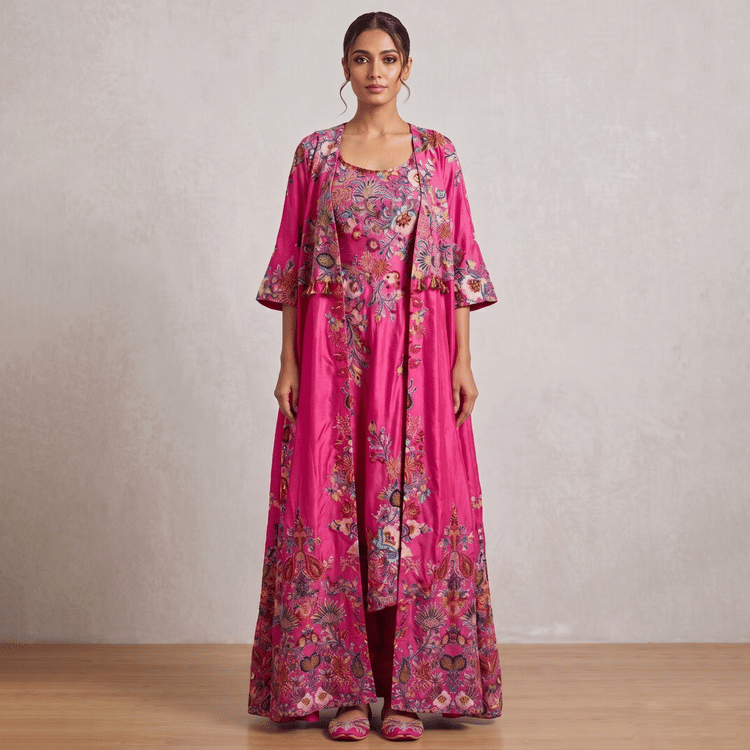 Anamika Khanna Pink Floral Embellished Cape Set-Hover-Image