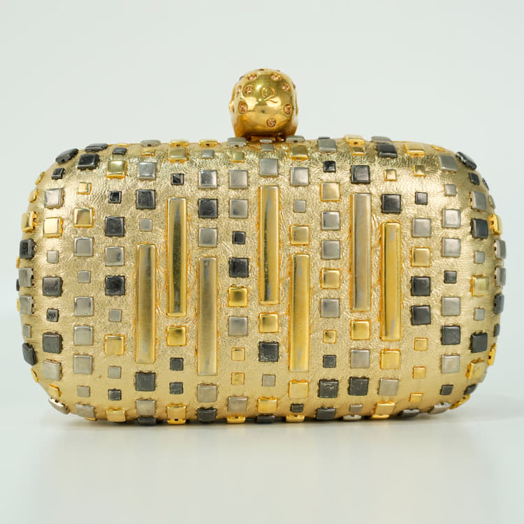 Alexander McQueen Gold Leather Art Deco Studded Skull Box Clutch Bag-Hover-Image