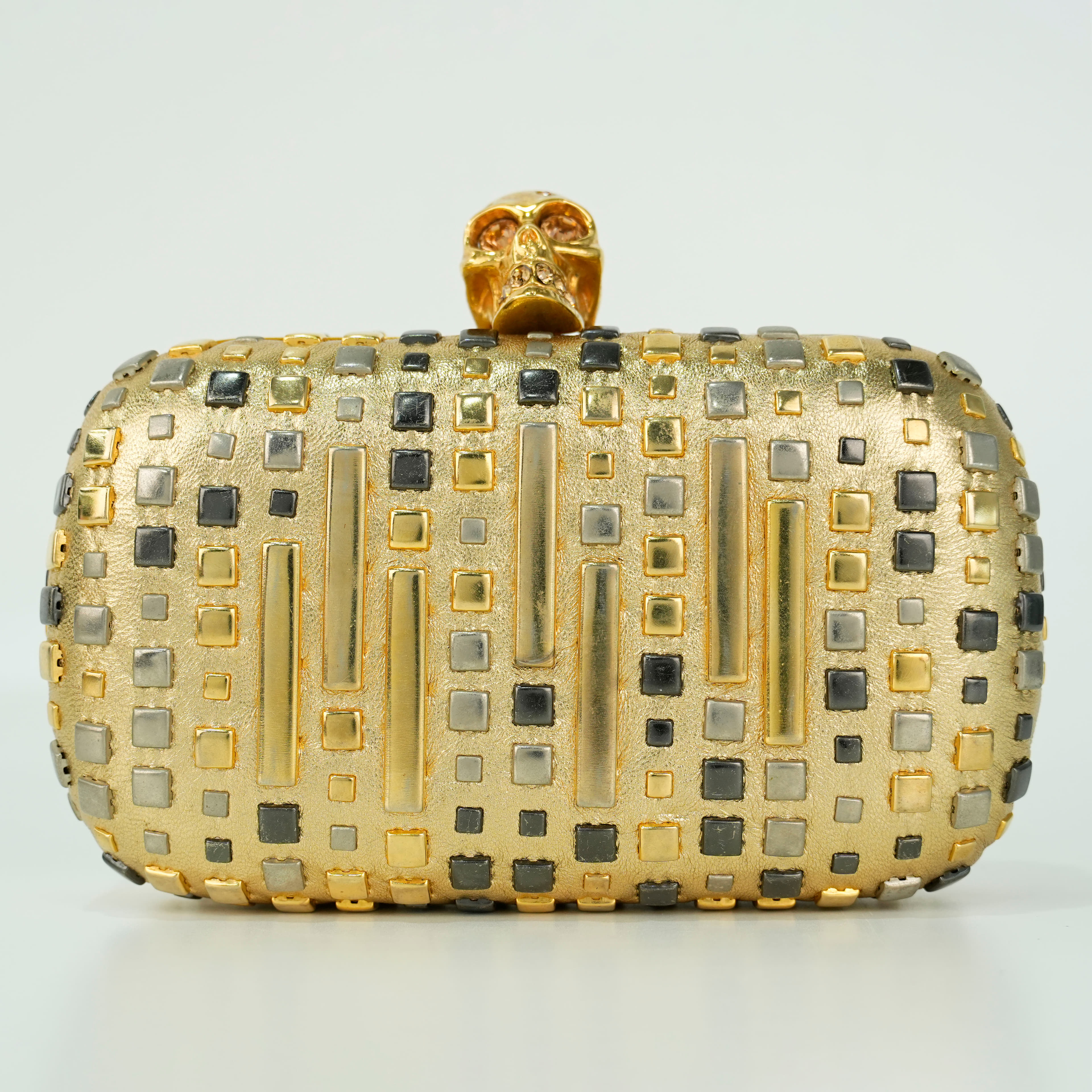 Alexander McQueen Gold Leather Art Deco Studded Skull Box Clutch Bag