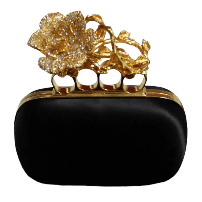 Alexander McQueen Black Satin Floral Knuckle Duster Box Clutch