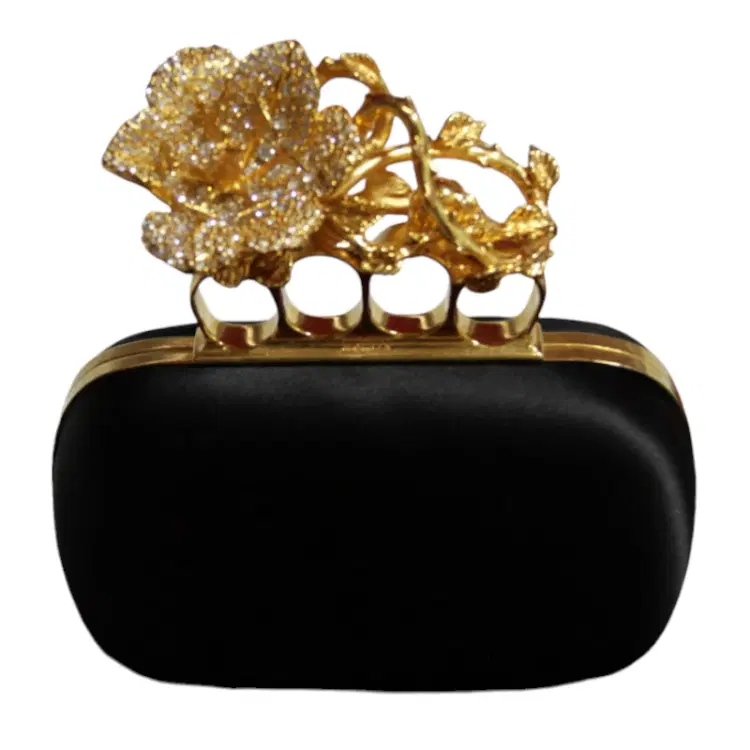 Alexander McQueen Black Satin Floral Knuckle Duster Box Clutch-Hover-Image