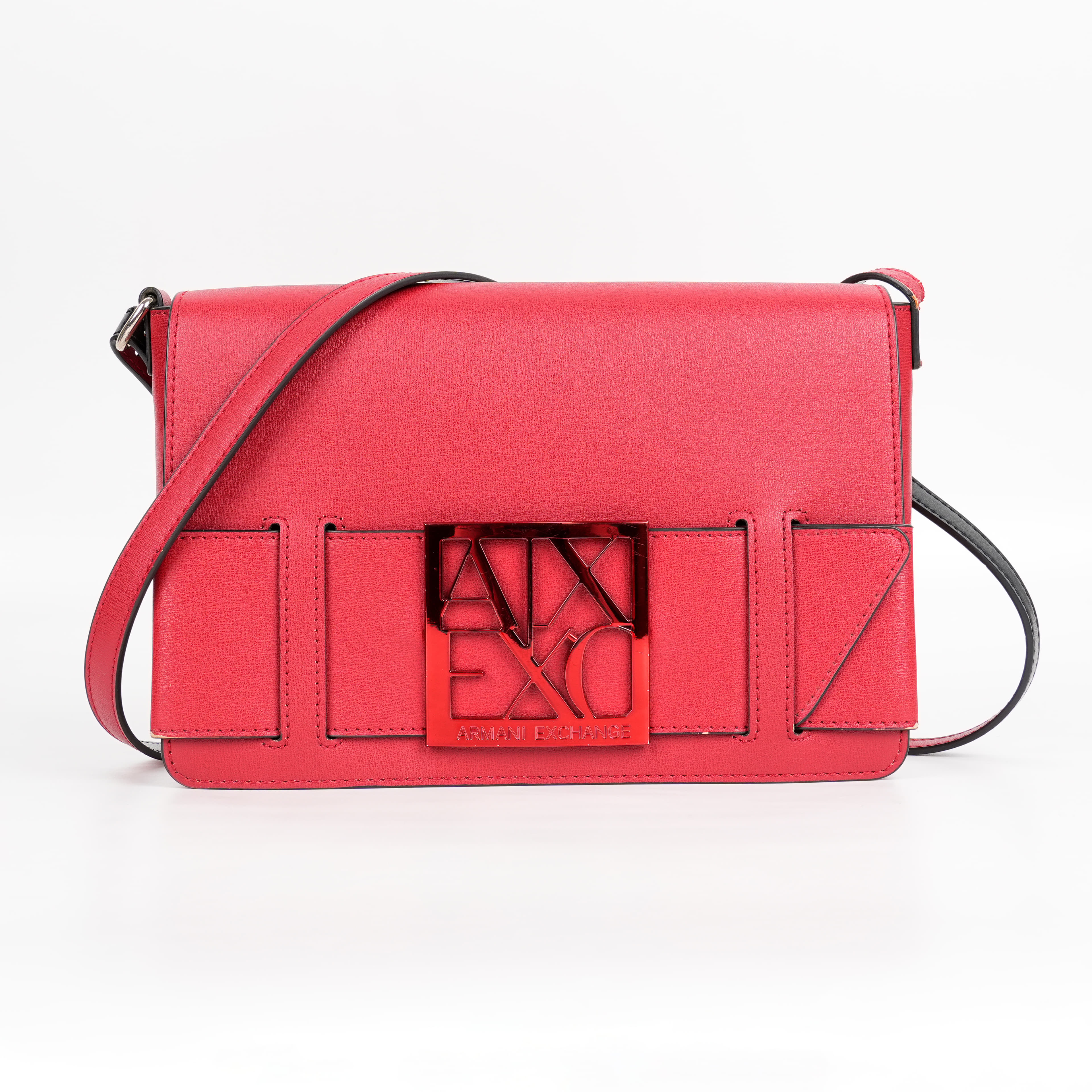 Armani Exchange Solid Messenger Bag with Shoulder Strap & Metal Logo
