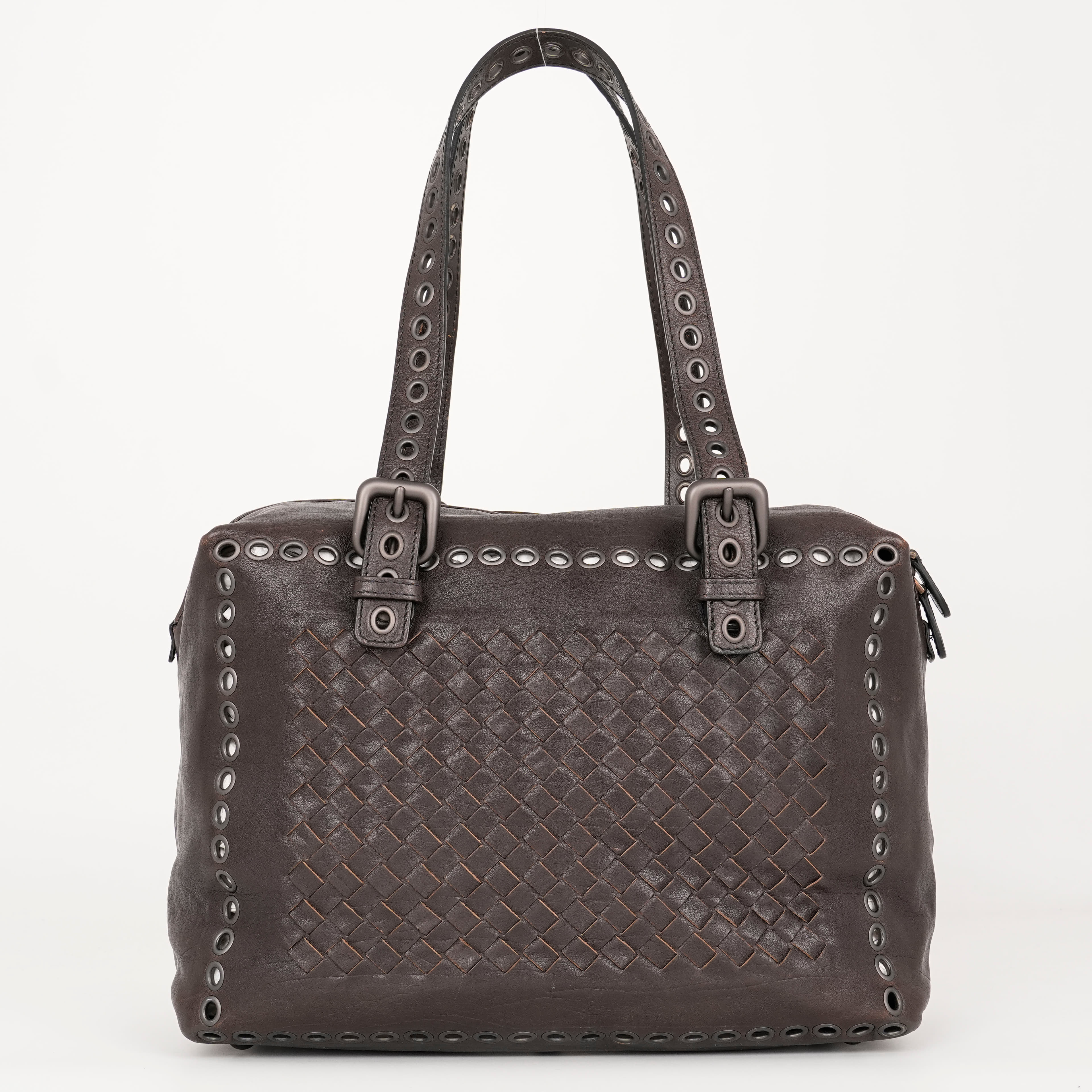 Bottega Veneta Dark Brown Intrecciato Leather Grommet Satchel