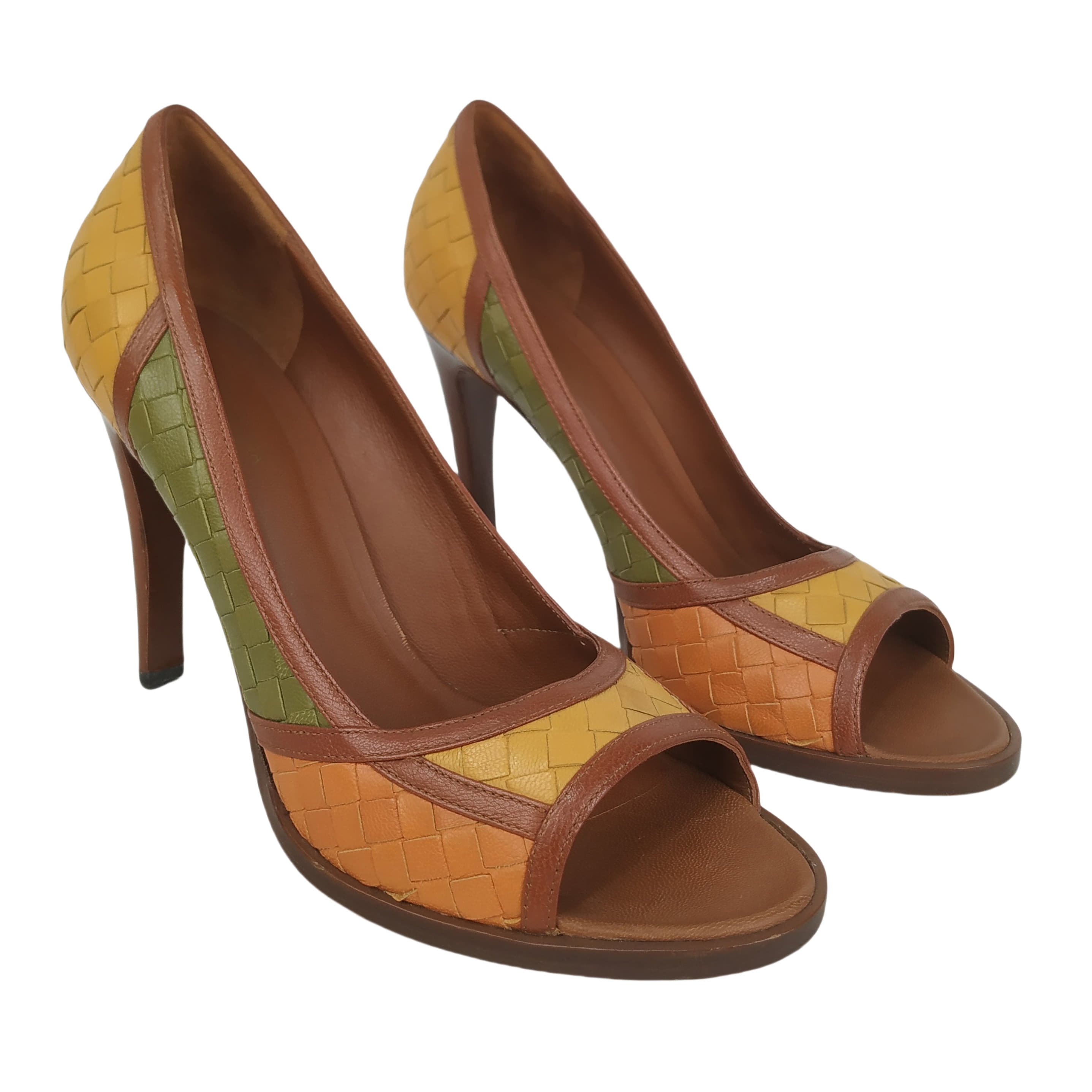 Size 39 - Bottega Veneta Multicolor Woven Leather Peep Toe Pumps