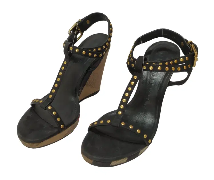 Size 37 - Burberry Black Studded Strappy Wedges Heel Sandals-Hover-Image