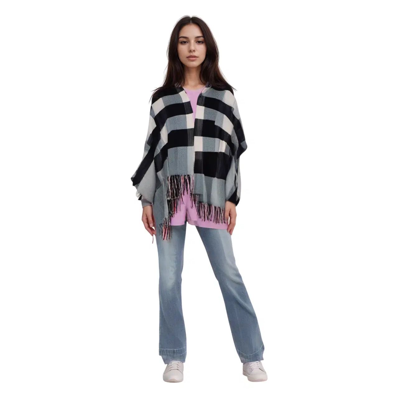 Burberry Archive Beige And Black Check Fringed Wool Cashmere Jacquard Poncho Cape With Fur
