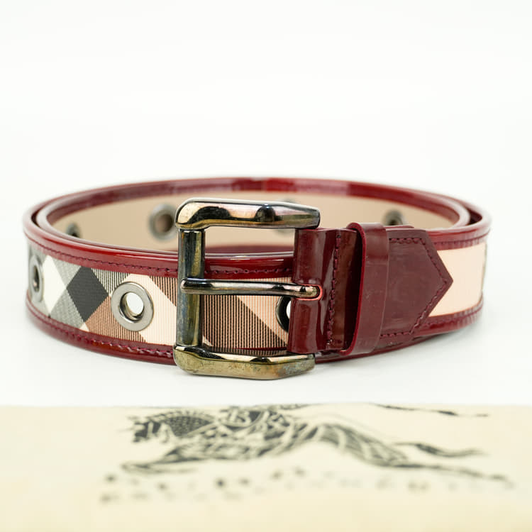 Burberry Beige/Burgundy Nova Check PVC And Patent Leather Buckle Belt, Size 44-Hover-Image