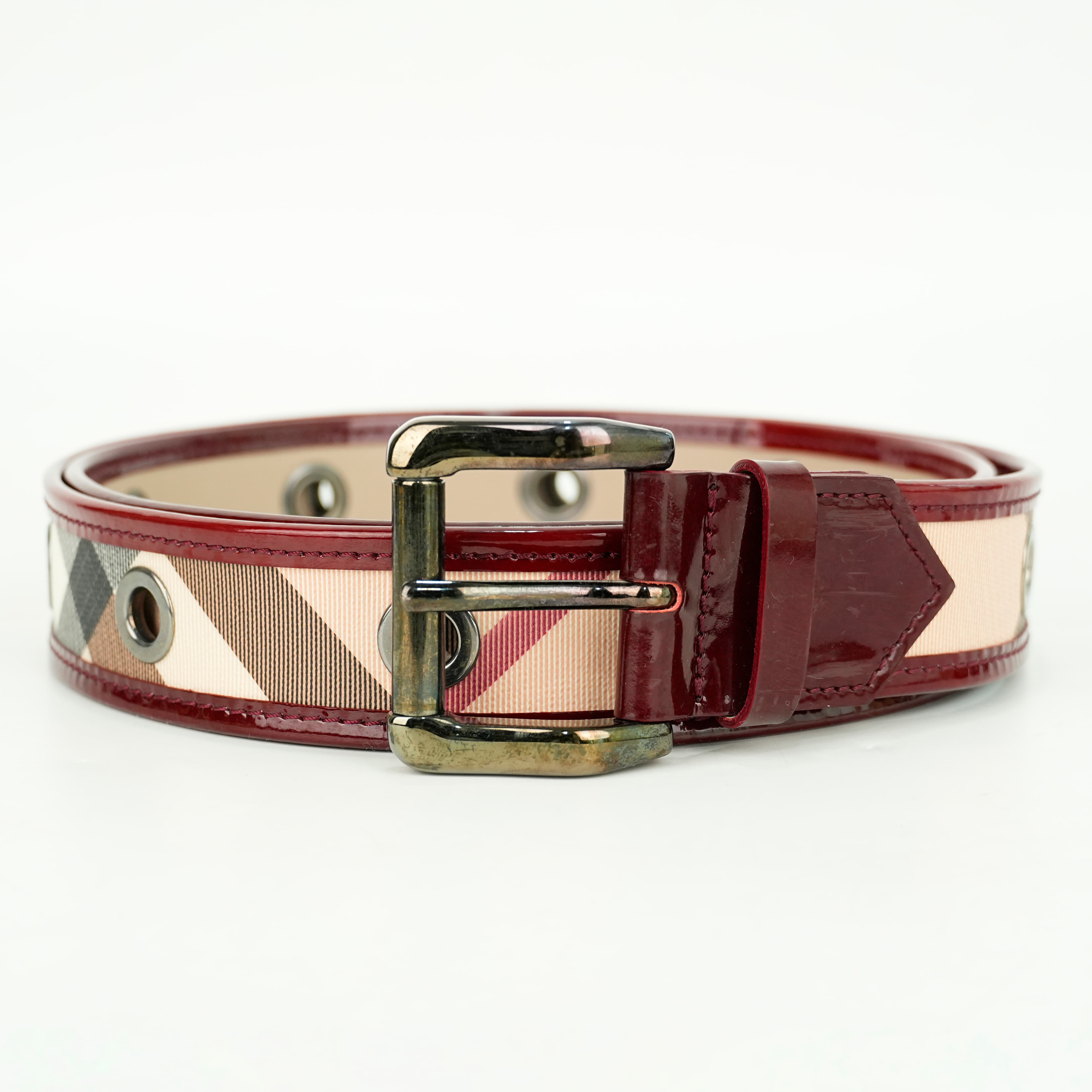 Burberry Beige/Burgundy Nova Check PVC And Patent Leather Buckle Belt, Size 44