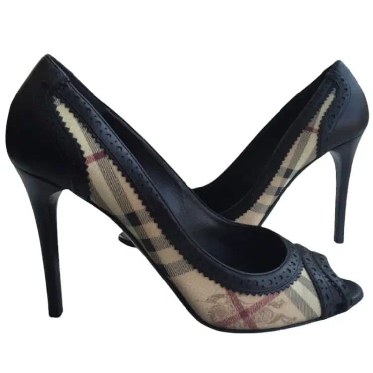 Burberry Haymarket Brogue Peep Toe Pumps-Hover-Image