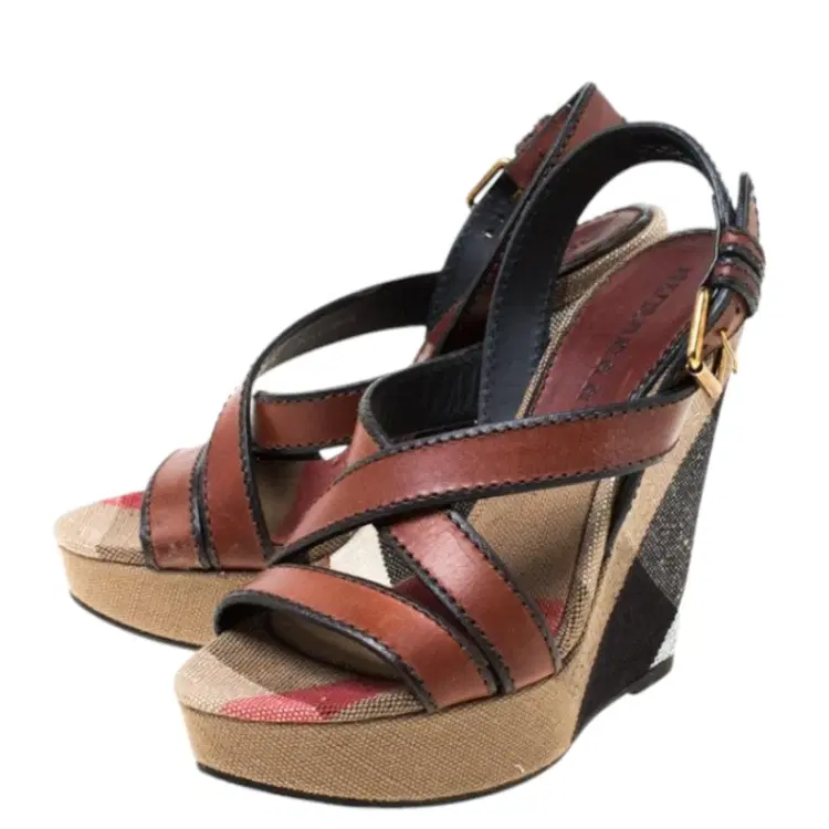 Burberry Novacheck Canvas and Leather Platform Wedge Sandals-Hover-Image