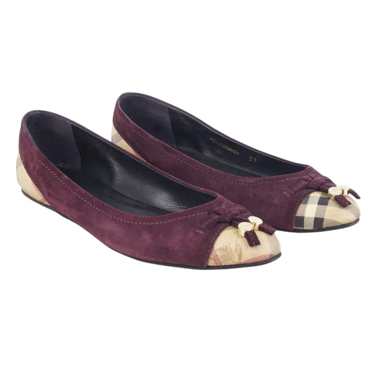 Size 37 - Burberry Suede Nova Check Canvas Cap Toe Bow Ballet Flats