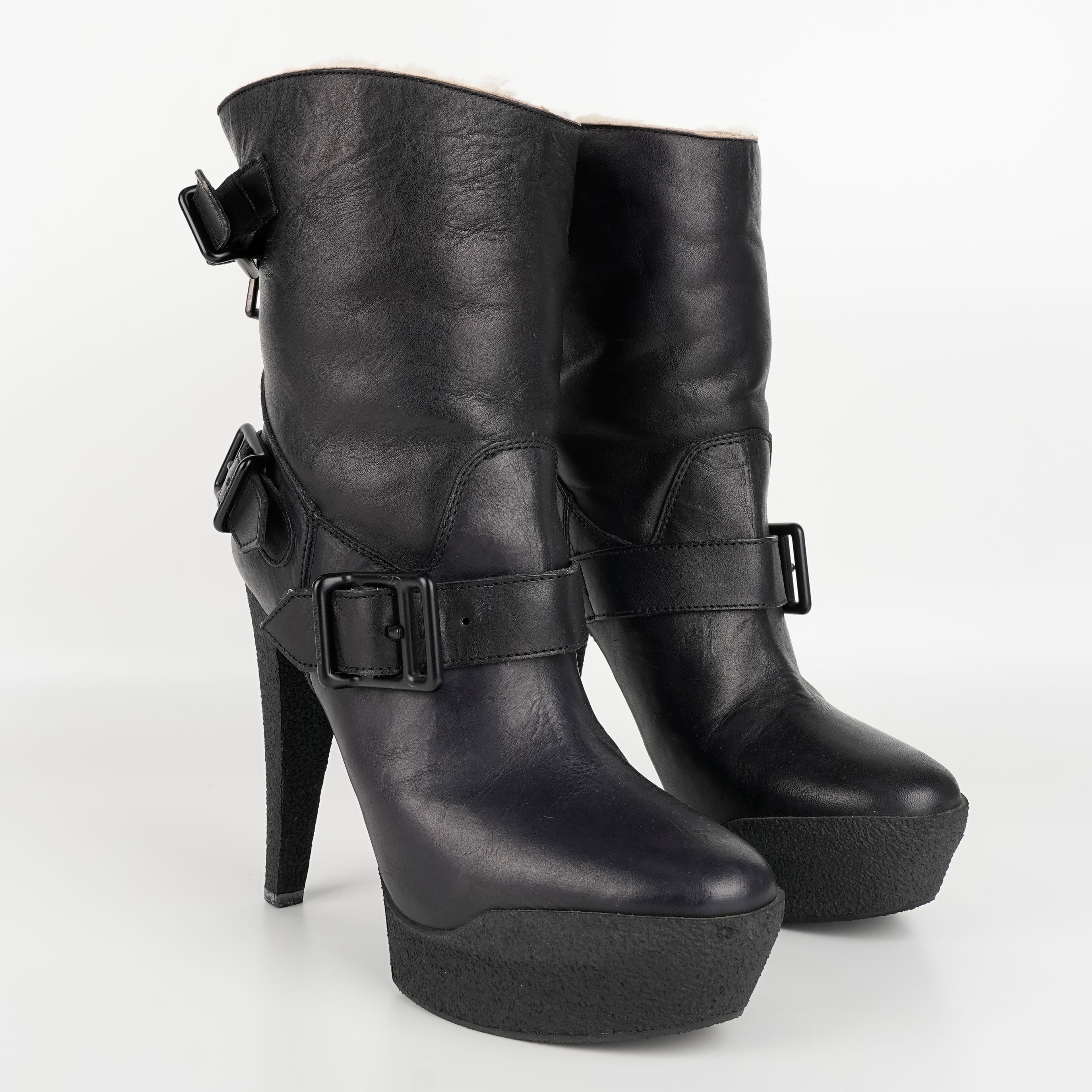 Size 38 - Burberry Triple Buckle Shearling Leather Platform Boots