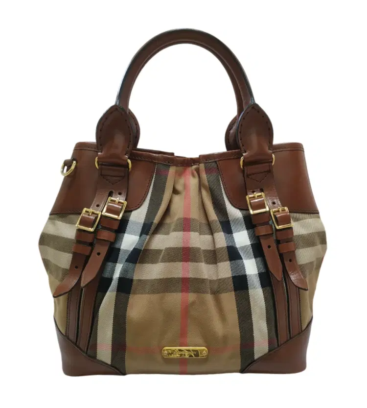 Burberry Brown House Check Fabric and Leather Bridle Tote-Hover-Image