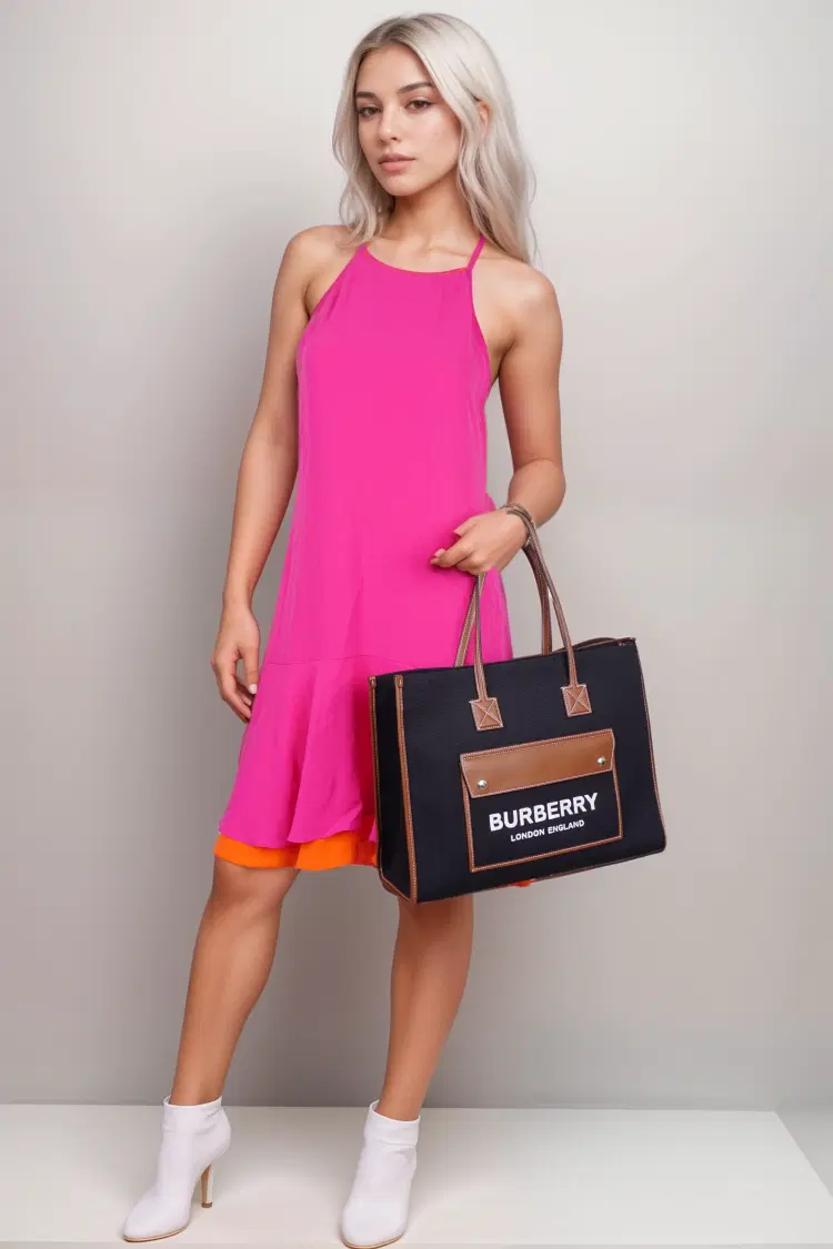 Burberry Freya Medium Tote In Black Canvas And Brown Leather-Hover-Image