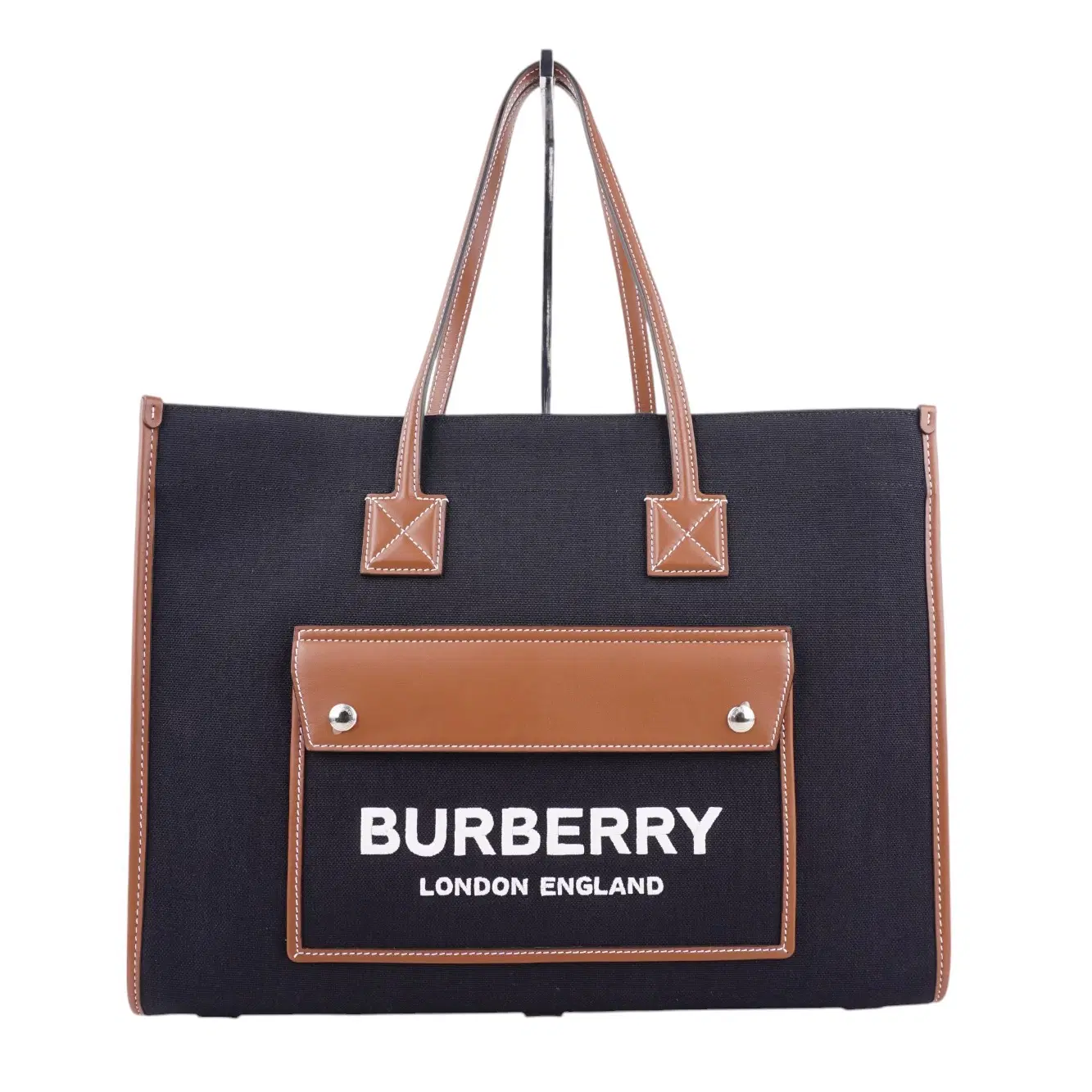 Burberry Freya Medium Tote In Black Canvas And Brown Leather