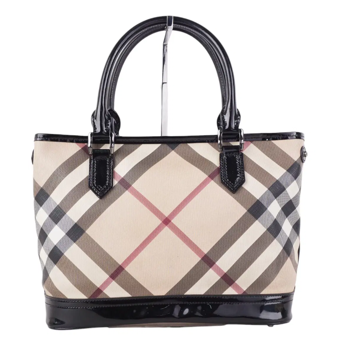 Burberry Black Beige Nova Check PVC And Patent Leather Snap Tote