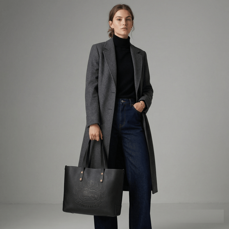 Burberry Black Calfskin Leather Crest Small Tote Bag-Hover-Image