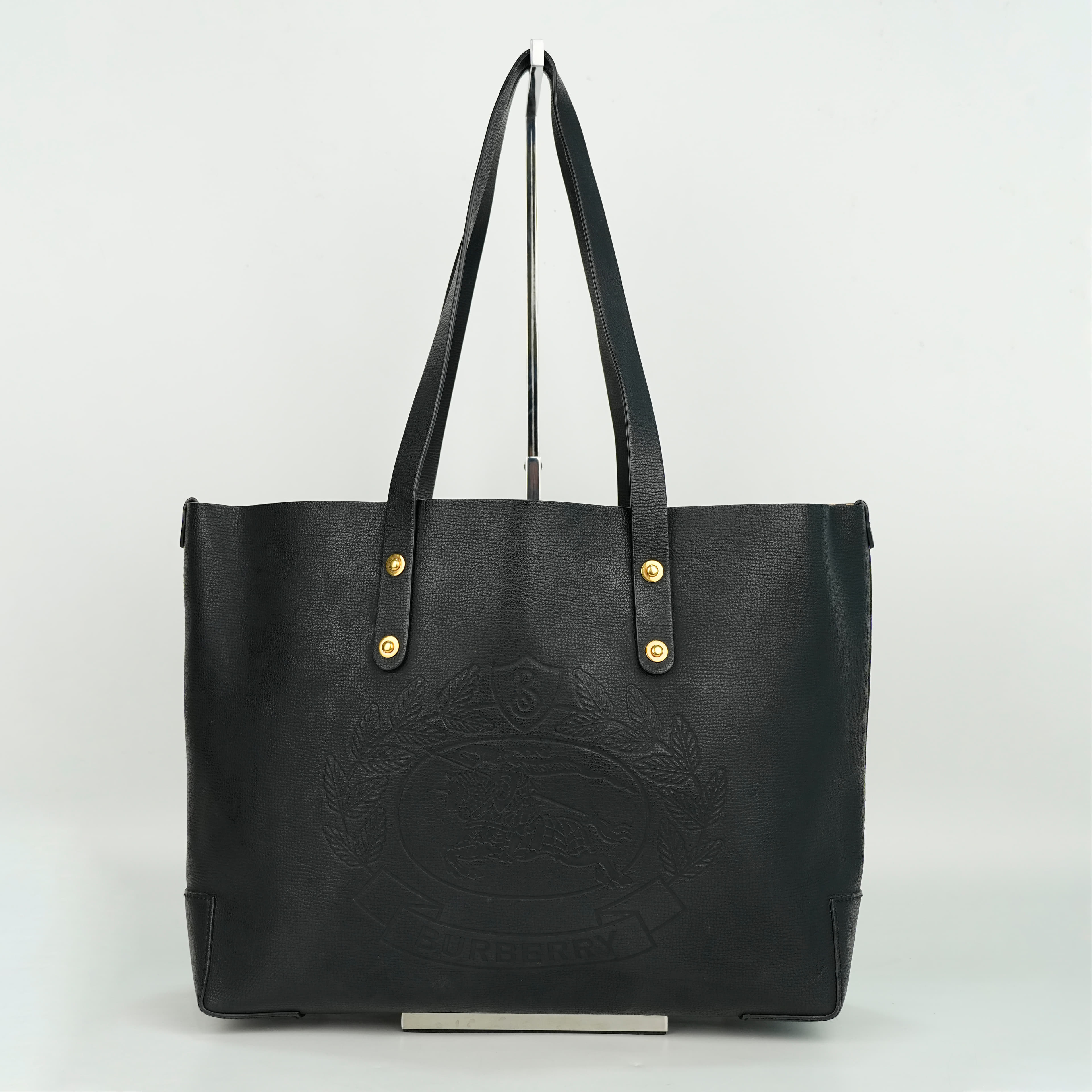 Burberry Black Calfskin Leather Crest Small Tote Bag