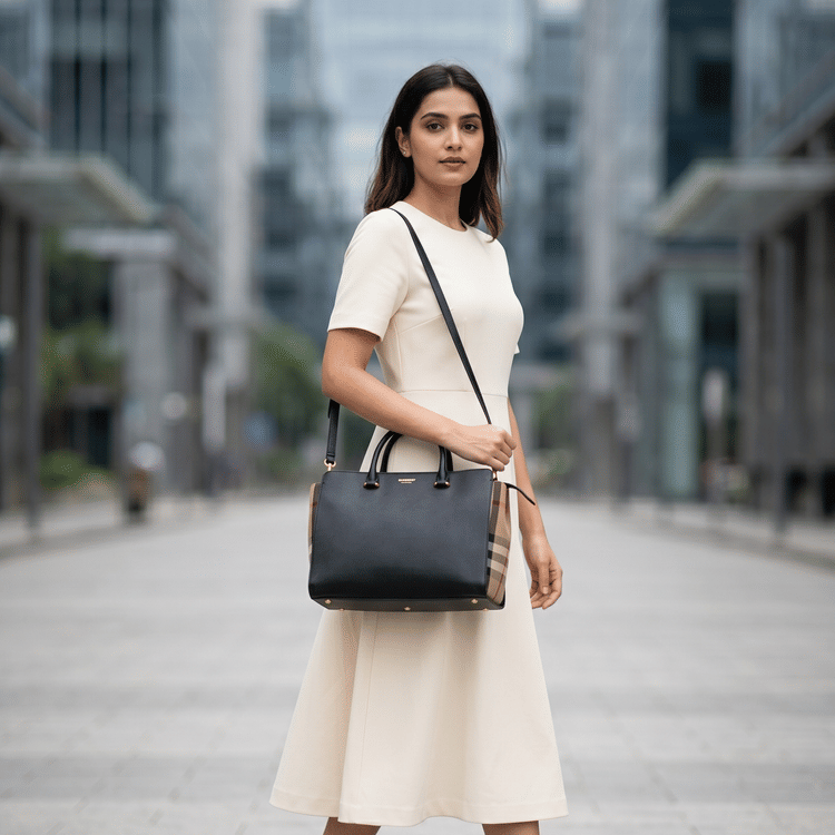 Burberry Banwell Leather and House Check Canvas Tote Bag-Hover-Image