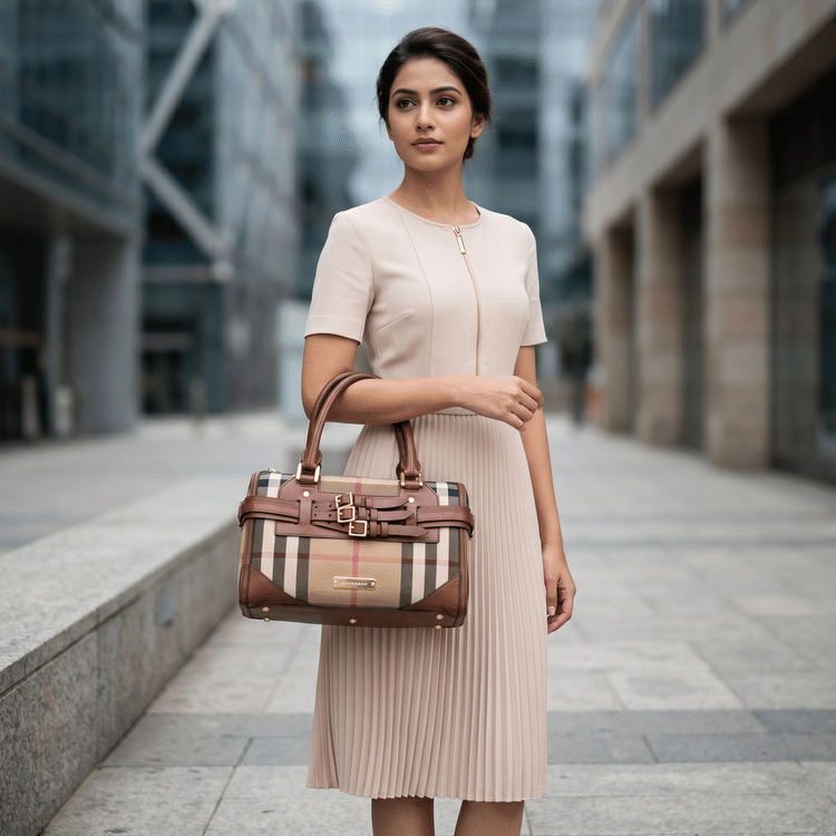 Burberry Beige/Brown House Check Fabric and Leather Bridle Chester Bowling Bag-Hover-Image