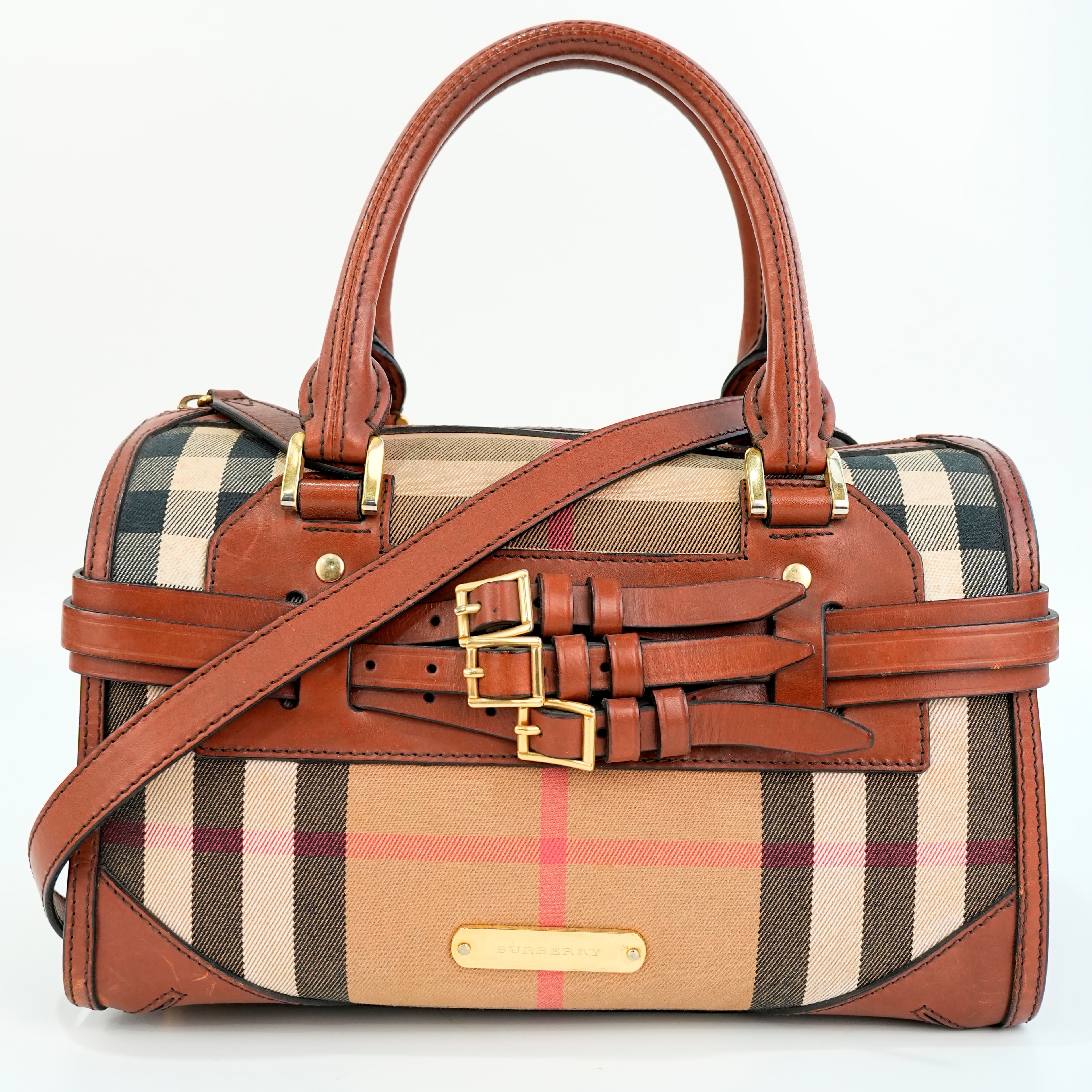 Burberry Beige/Brown House Check Fabric and Leather Bridle Chester Bowling Bag