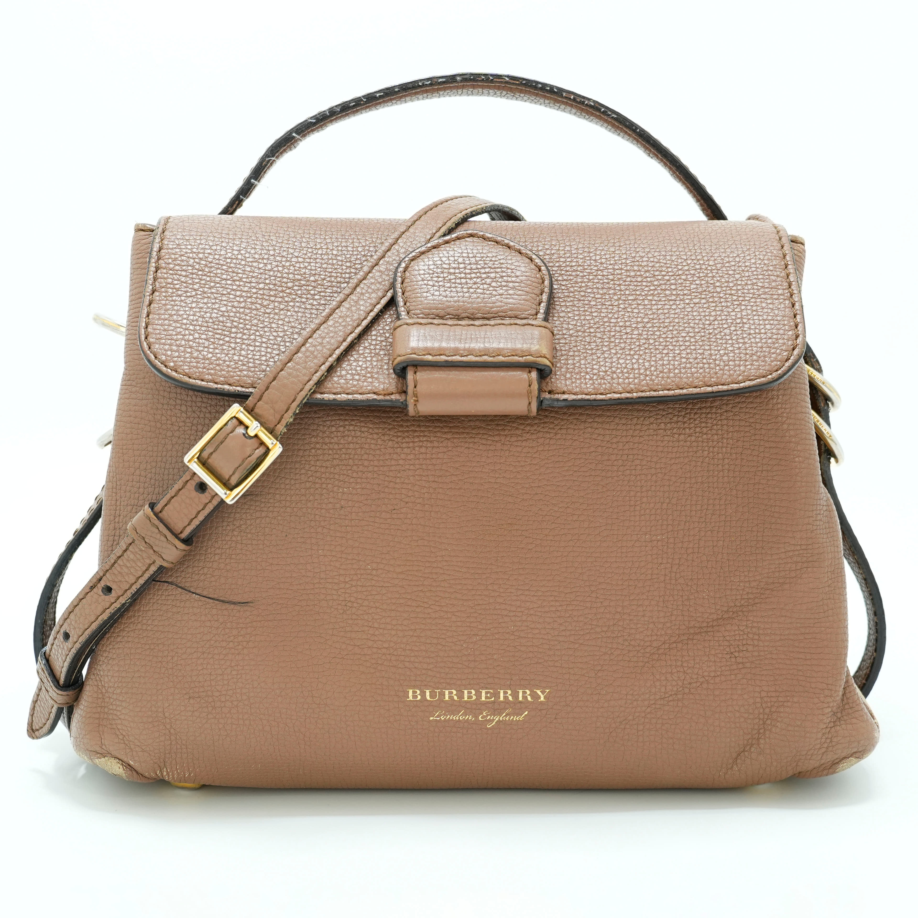 Burberry Brown Leather And House Check Fabric Small Camberley Top Handle Bag