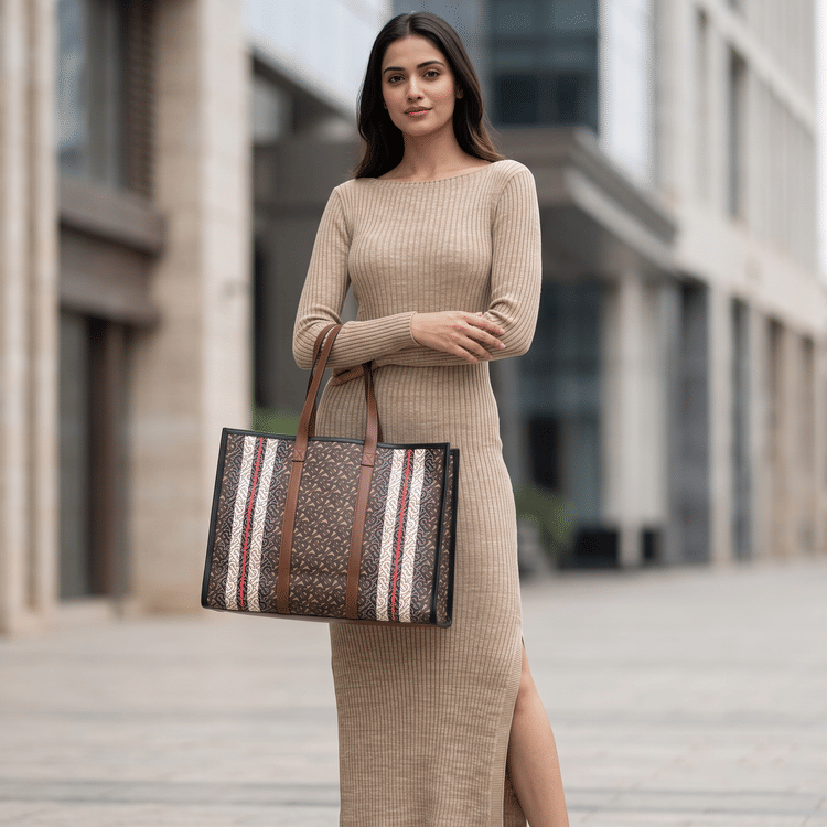 Burberry Bridle Brown Monogram E-Canvas Stripe Book Tote-Hover-Image