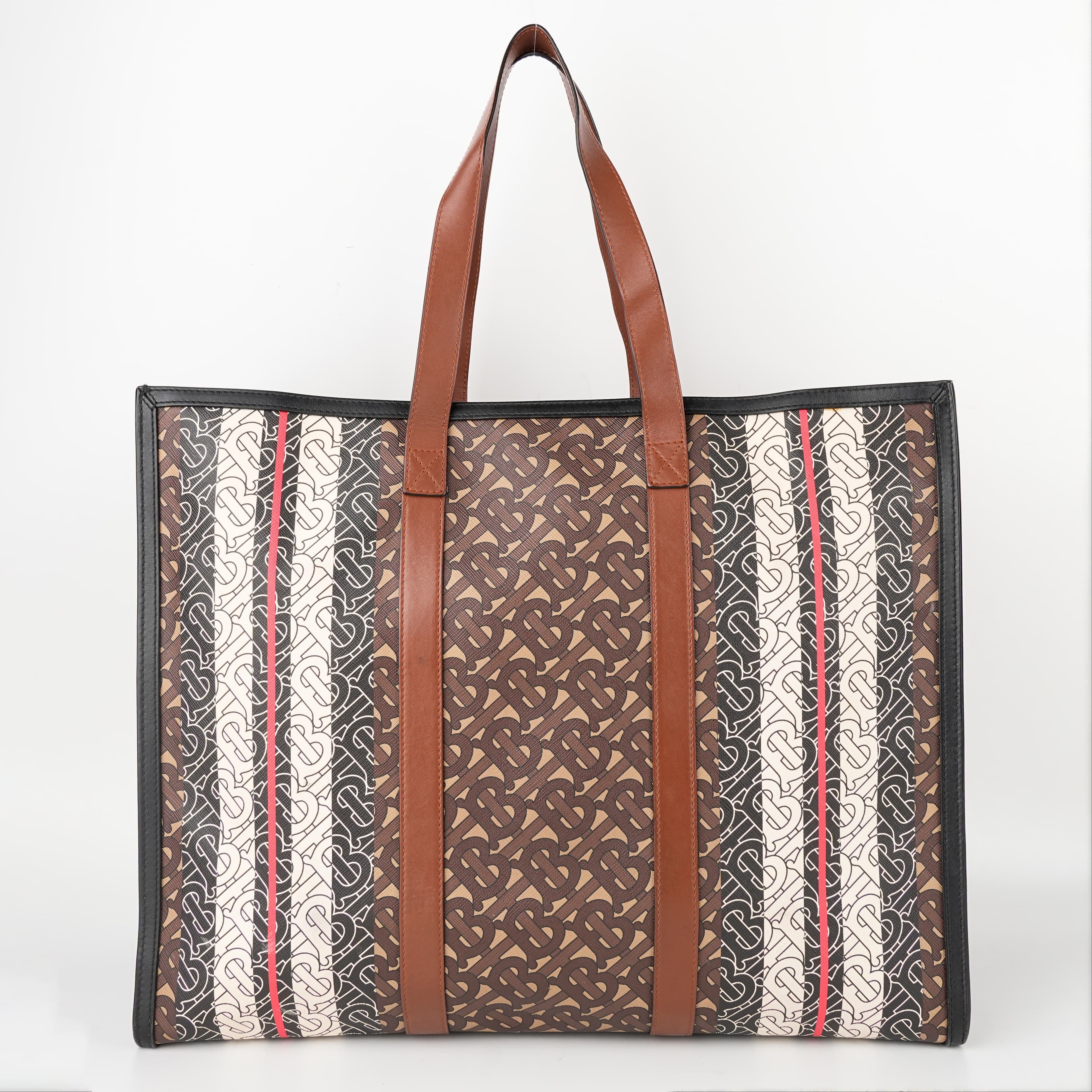 Burberry Bridle Brown Monogram E-Canvas Stripe Book Tote