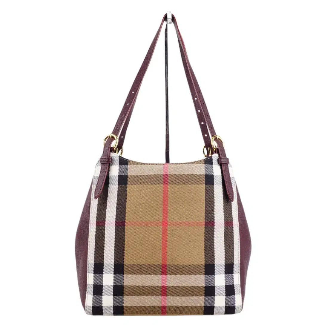 Burberry Canterbury Mahogany Leather Check Canvas Tote Bag