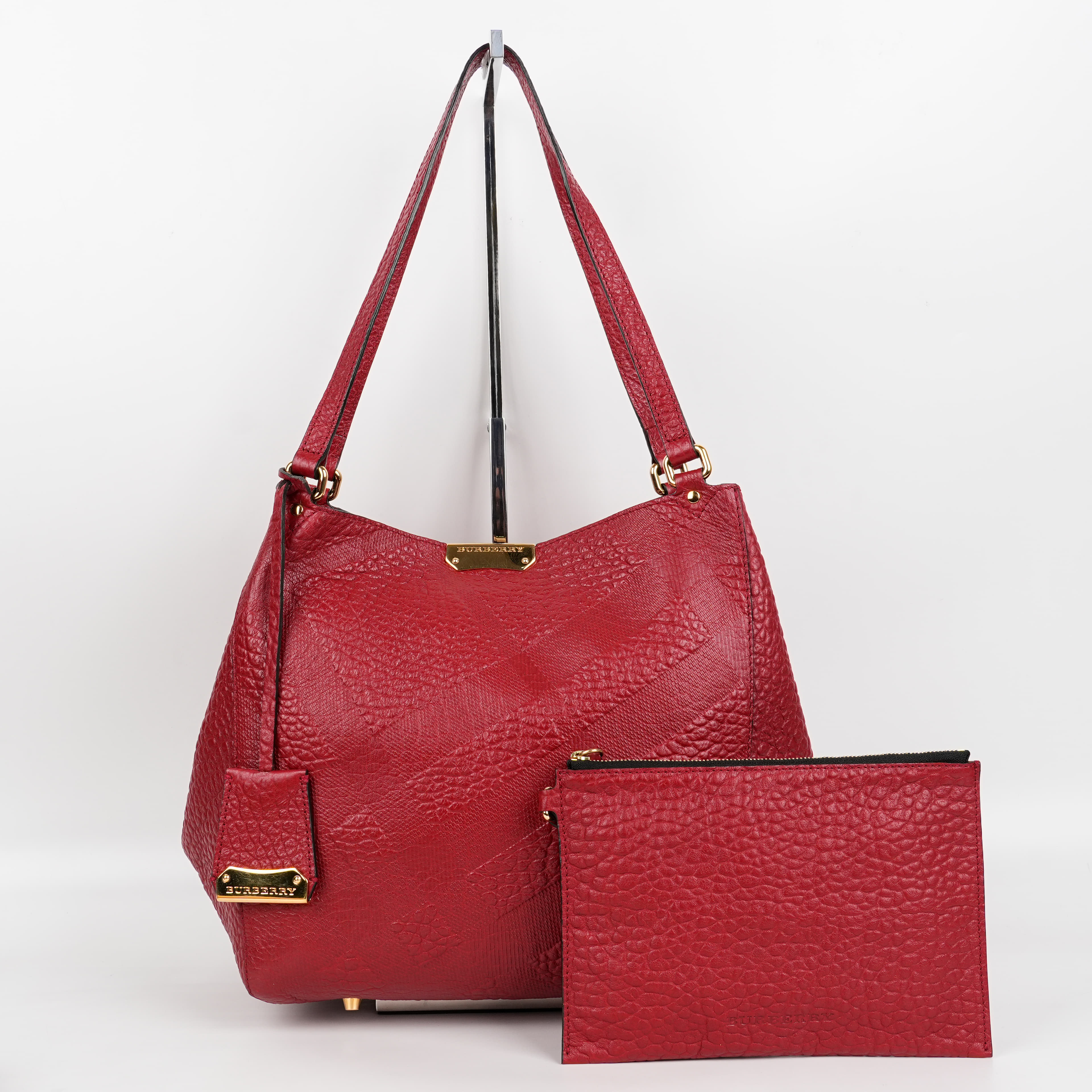 Burberry Red Embossed Check Grain Leather Canterbury Tote Bag