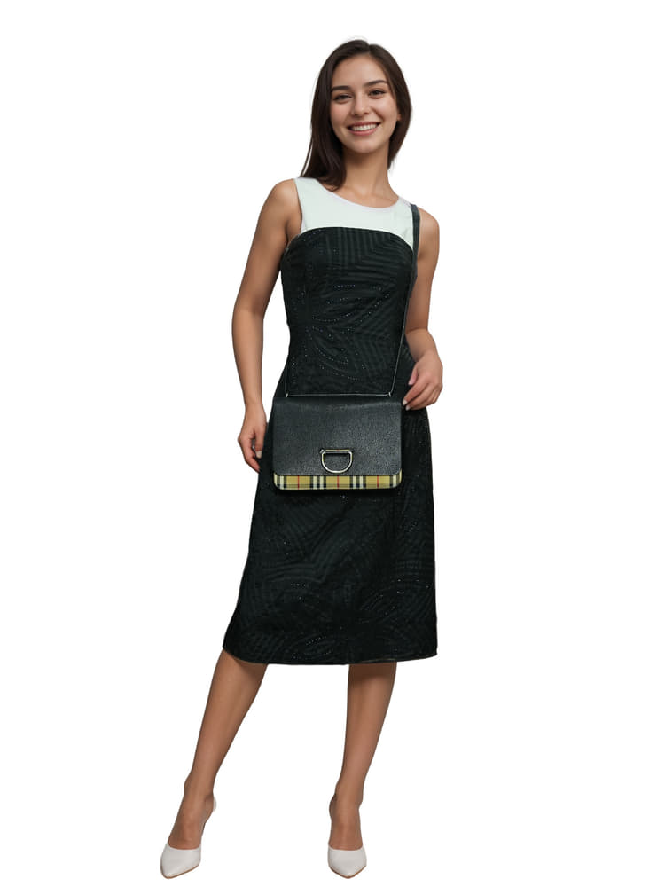Burberry Black/Beige House Check Fabric And Leather D Ring Shoulder Bag-Hover-Image