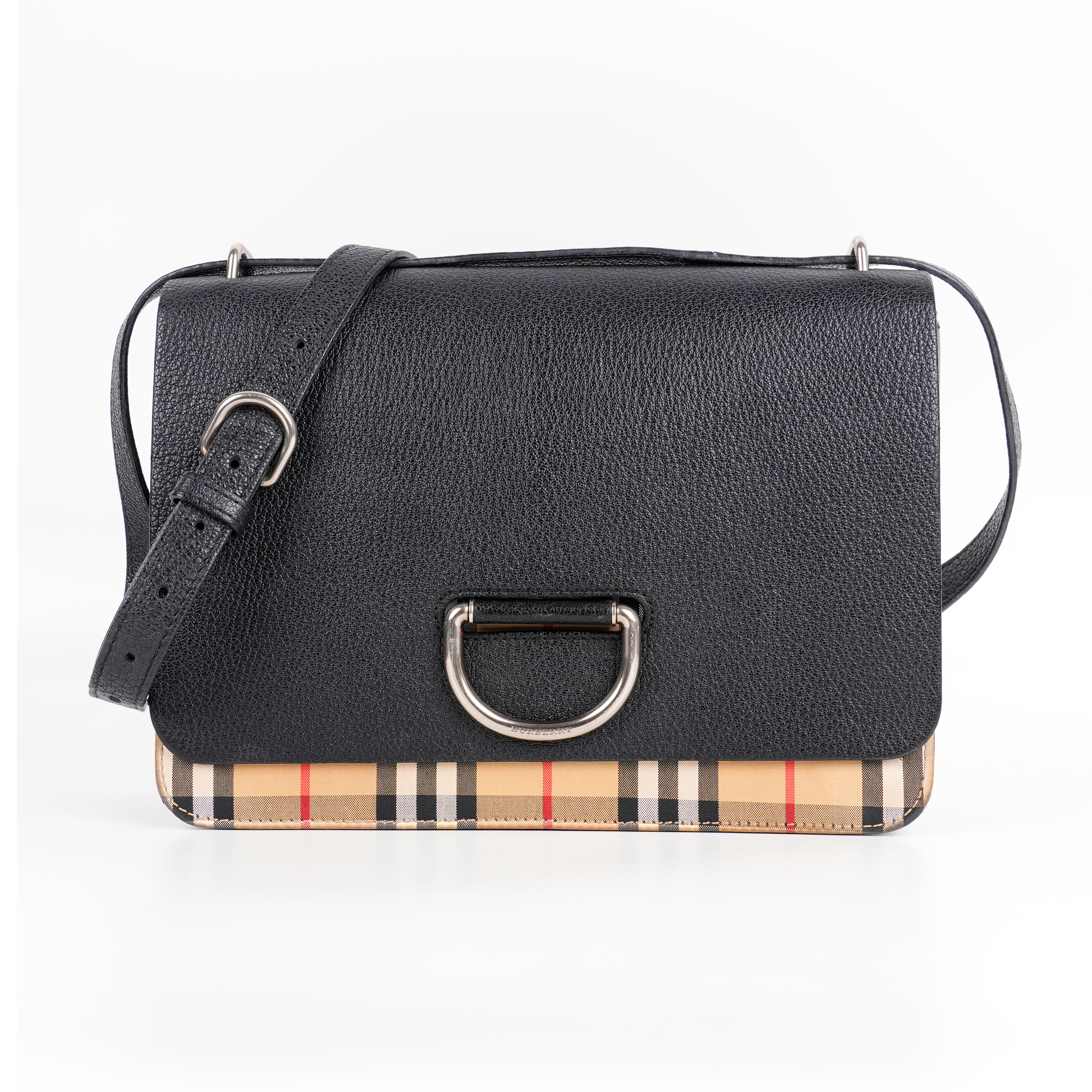 Burberry Black/Beige House Check Fabric And Leather D Ring Shoulder Bag