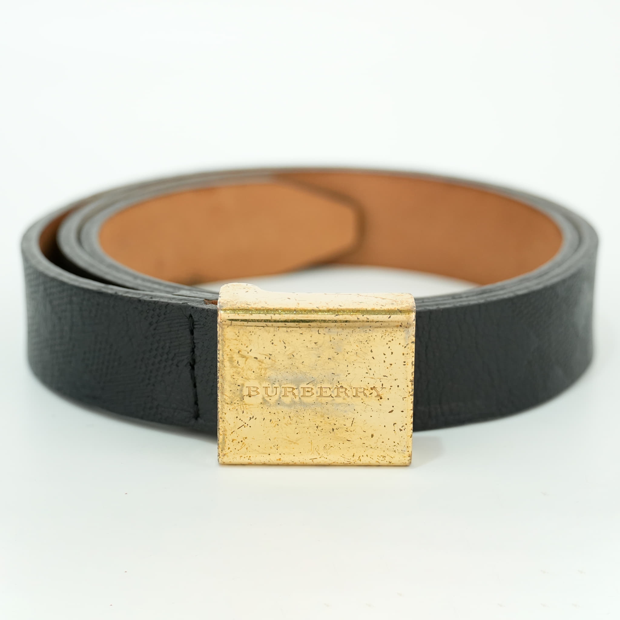 Burberry Square Plaque Buckle Engraved Leather Belt